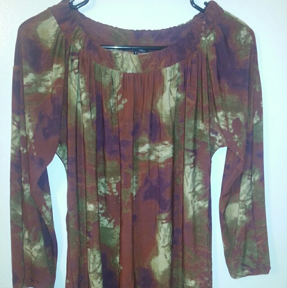 Daisy Fuentes Earth Tone Abstract Tie Dye Long Sleeve Blouse Top Women's Small